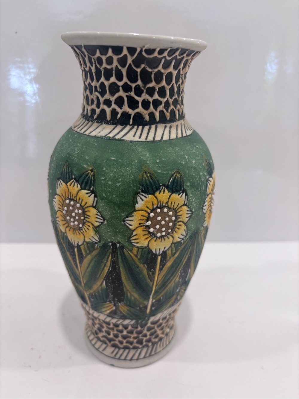 Vintage Chinese Hand-Painted Floral Porcelain Vase Green Yellow Flowers 8”